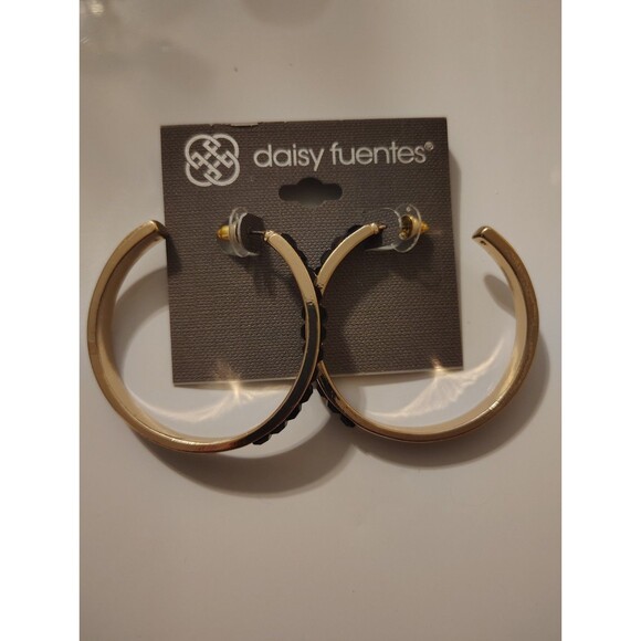 Jewelry - Daisy Fuentes Goldtone Hoop with Black Stone Earrings New